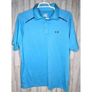 Mens Under Armour Loose Heat Gear Cold Black‎ Blue Short Sleeve Polo Shirt 2XL
